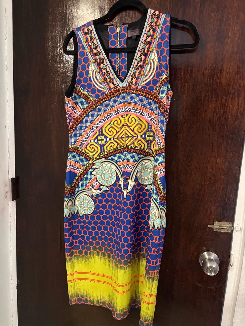 Y2K Hale Bob Blue & Yellow Printed Beaded V-Neck Midi Dress. Size L.